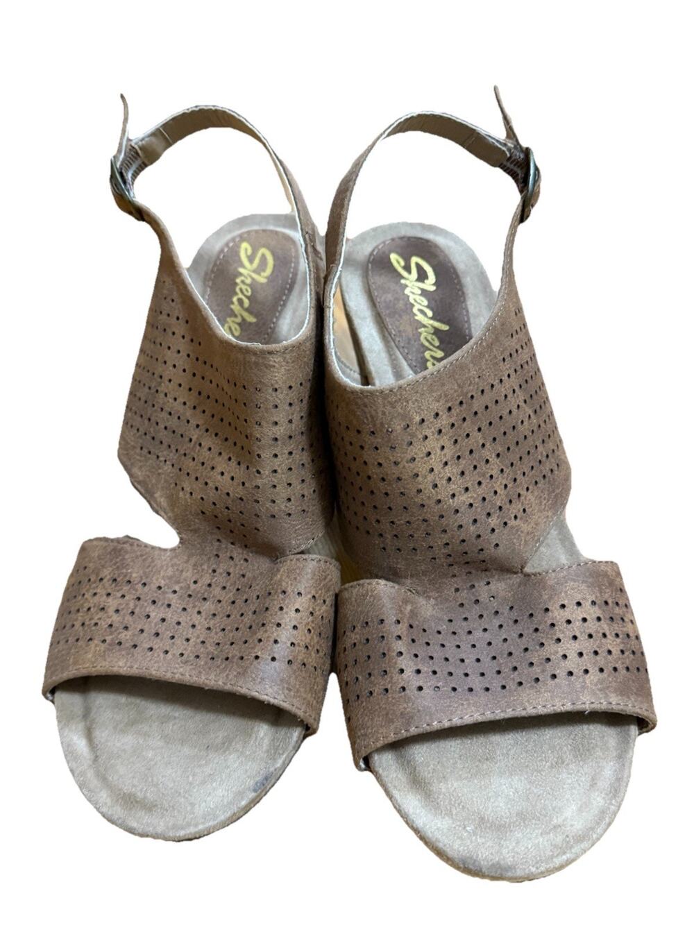 SKETCHERS Women’s Tan Buckle Strap Sandel Heels Open Toe Shoes Summer Size 9
